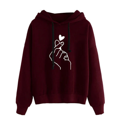 Solid Fleece Hoodie — Korean Finger Heart Print, Drawstring Pockets