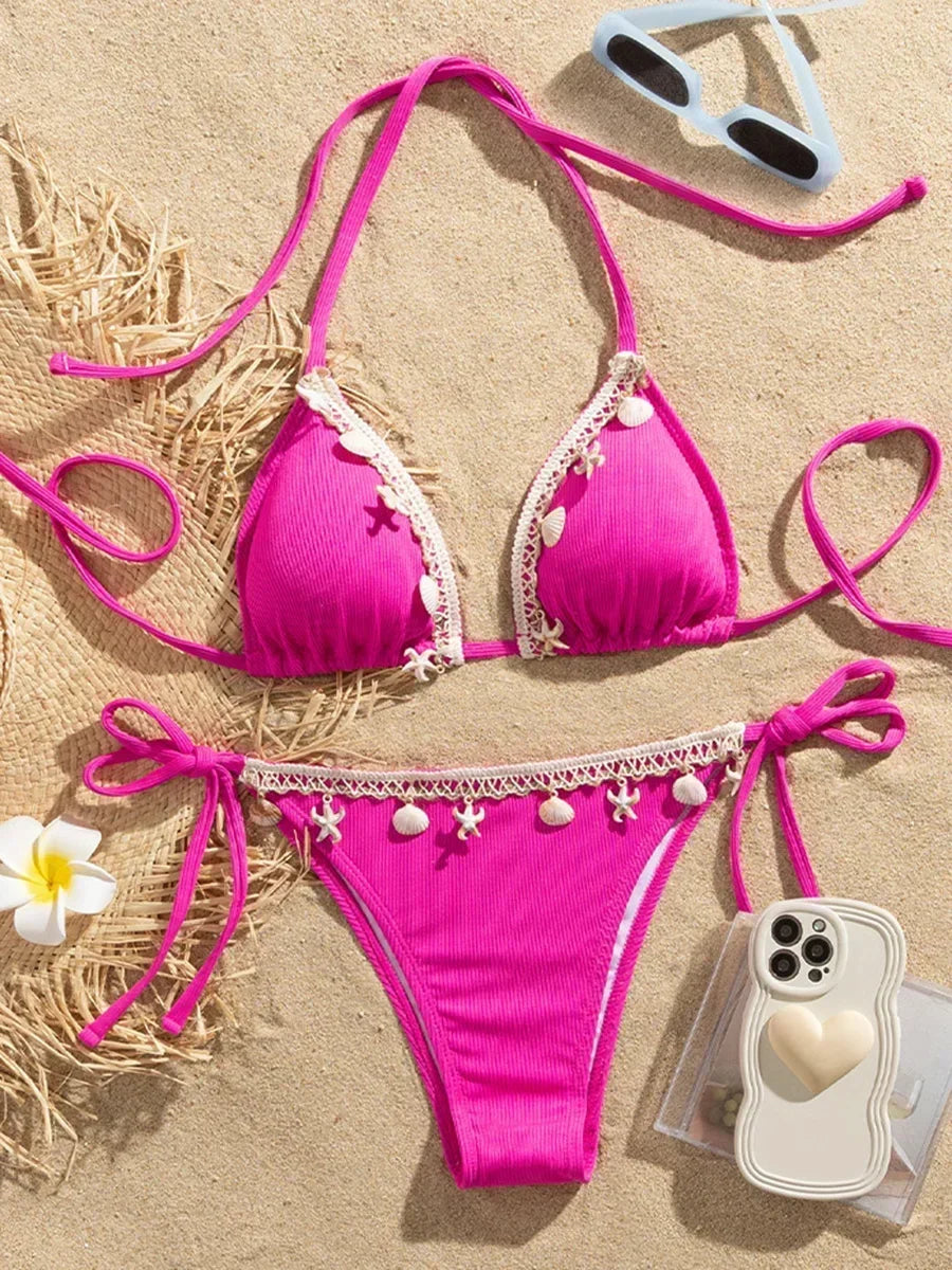 Halter Bikini with Shell Detail – Ribbed Texture