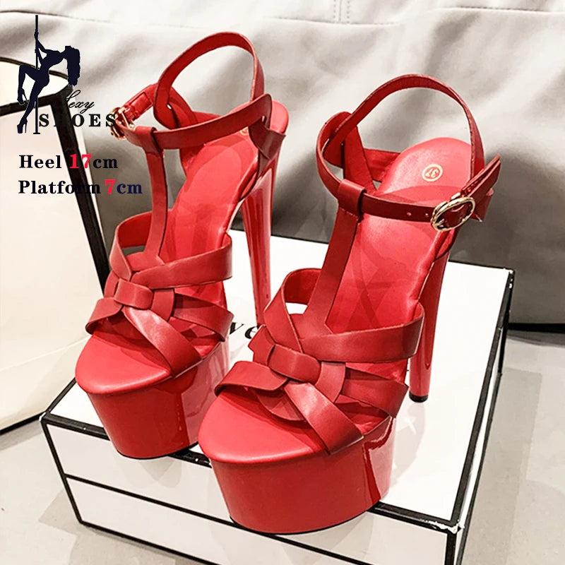Viva | Black Patent Leather Cross Strappy T-Bar Platform Sandals – Stiletto Wedding Dress Shoes