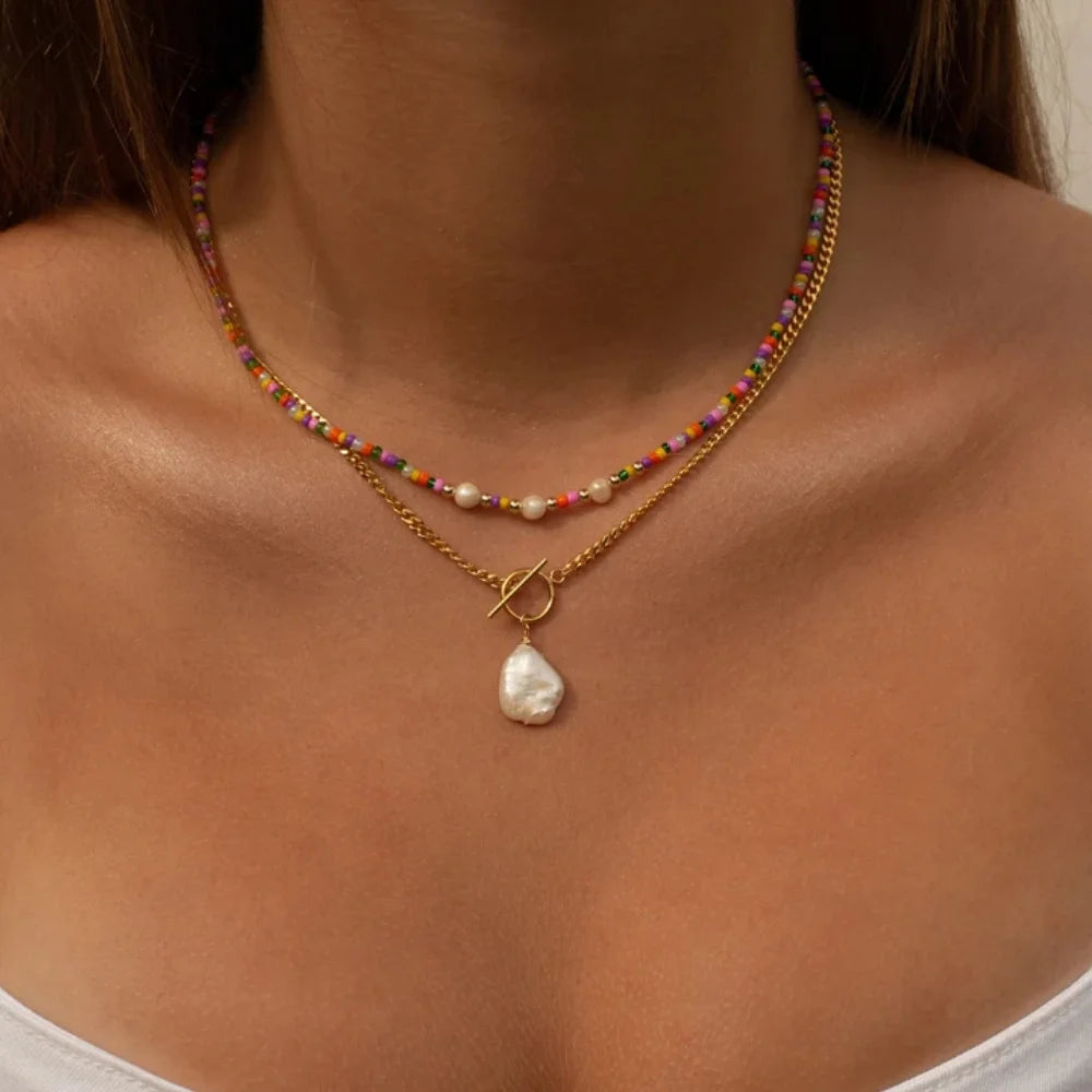 Boho Crystal Pendant Necklace – Handmade Layered Chain Jewelry