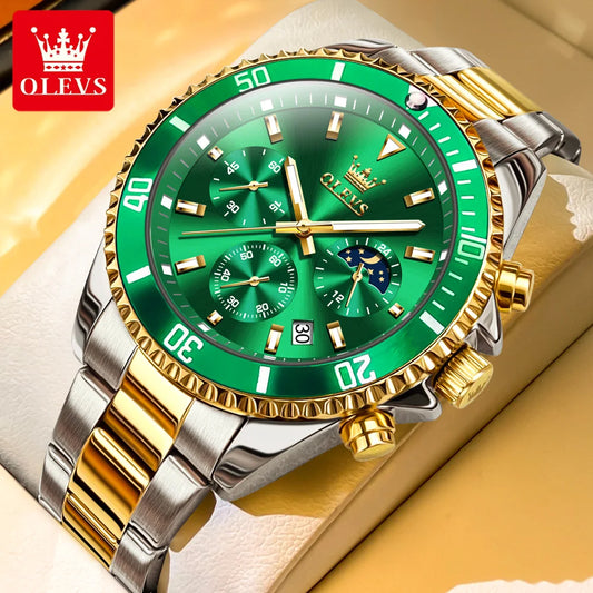 Golden Moon Phase Watch – Luxury Quartz, Waterproof, Elegant Chronograph