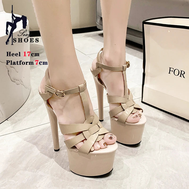 Viva | Black Patent Leather Cross Strappy T-Bar Platform Sandals – Stiletto Wedding Dress Shoes
