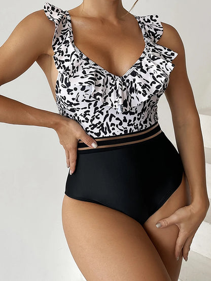 Leopard Ruffle V-Neck Swimsuit