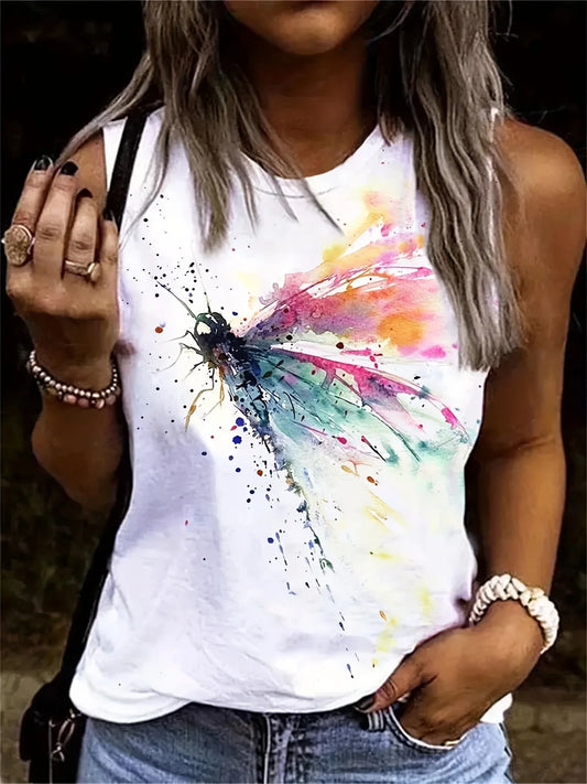 Dragonfly Print Loose Tank — Colorful Casual Tee
