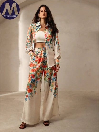 Printed Resort Set – Long Sleeve Shirt & Wide Pants