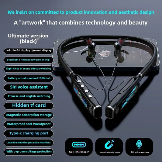 LCD Display Sports Neckband Bluetooth Headset com TF Card, Longa Duração de Bateria e Controle Inteligente