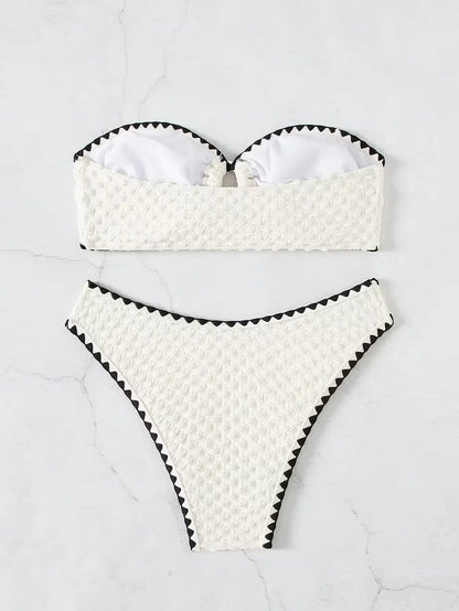 Strapless Patchwork Bikini Set – Lace-Up Detail