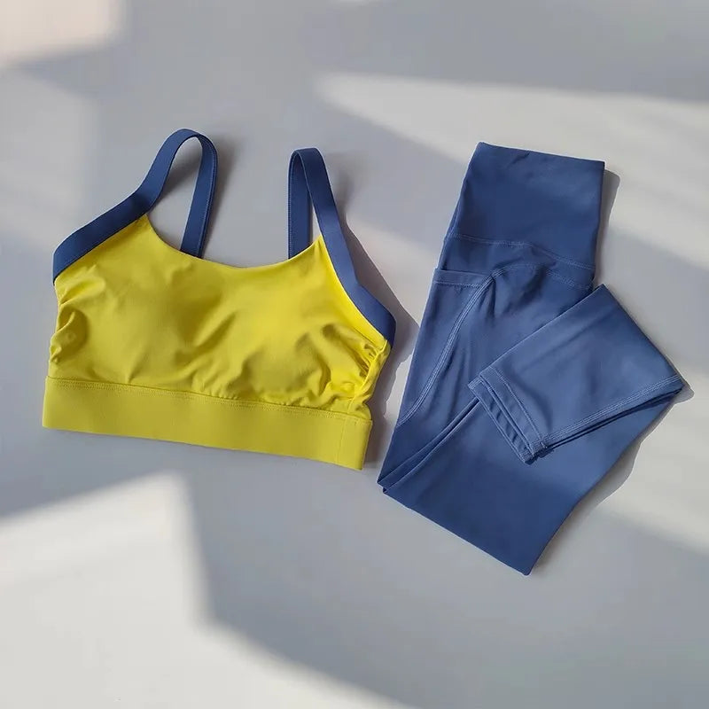 Colorblock Crossback Sports Bra & High-Waist Hip-Lift Fitness Pants Set — Seamless Activewear
