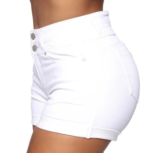Cuffed Denim Shorts — Casual Summer Jean (White/Black)