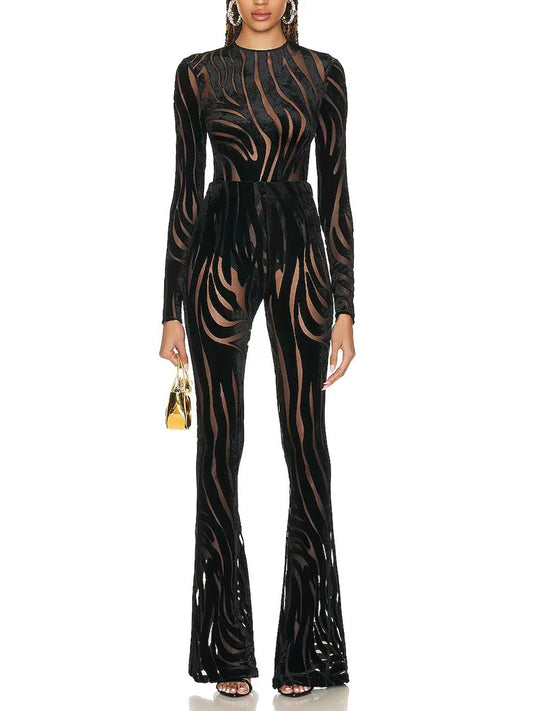 Velvet Embossed Top & Flared Pants Set