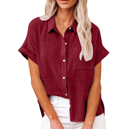 Classic V-Neck Blouse — Short Sleeve, Loose Fit, White