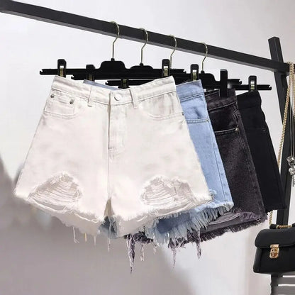 Cowboy Denim Shorts — Korean High Waist Tassel & Ripped Y2K