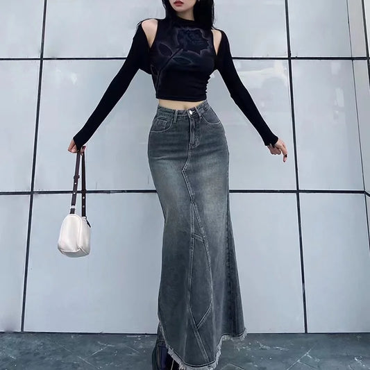 Retro Denim Long Skirt — Casual Autumn Street Style