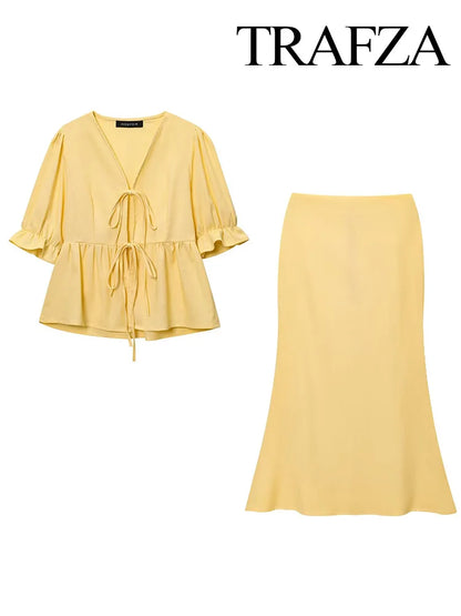 Puff Sleeve Lace-up Top & Fishtail Midi Skirt Set – French Style Elegant Suit
