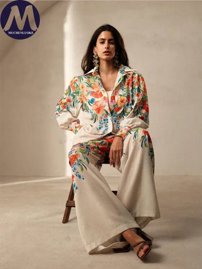 Printed Resort Set – Long Sleeve Shirt & Wide Pants