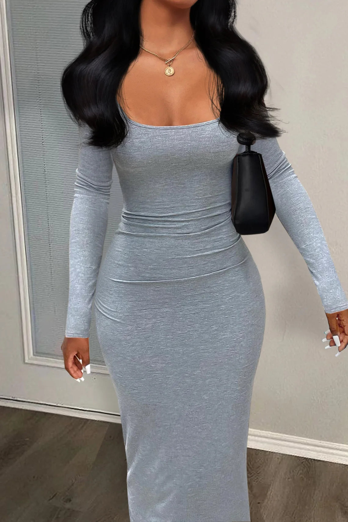 Casual Bodycon Mini Dress — U-Neck Ribbed, Buttoned Pocket Design