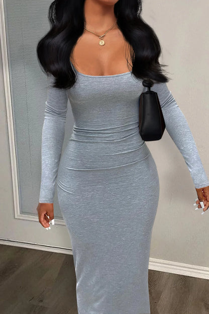 Casual Bodycon Mini Dress — U-Neck Ribbed, Buttoned Pocket Design