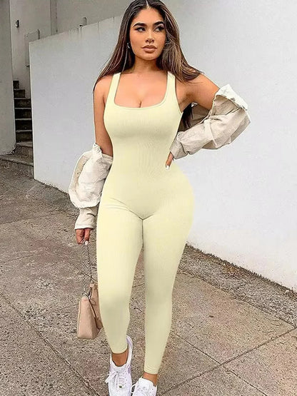 Solid Ribbed Yoga Jumpsuit — Seamless Slimming Push-Up Sportswear