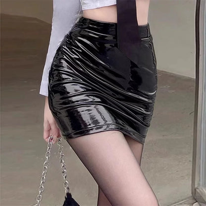 Shiny Black PU Leather Mini Skirt — Bodycon Stretch