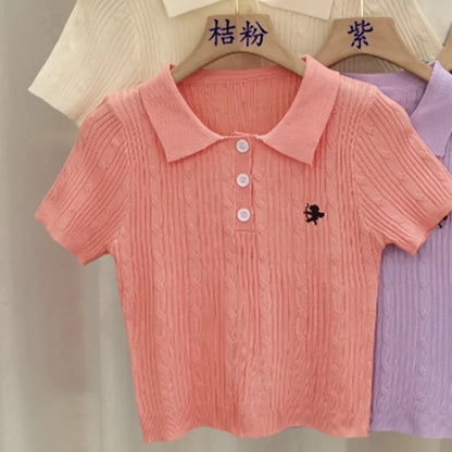 Embroidered Polo T-shirt — Retro Slim Fit Knit Top