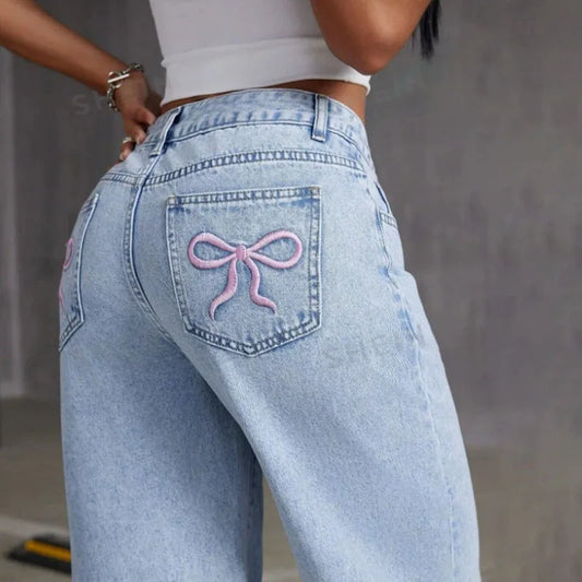 Embroidered Bow Jeans — Y2K Straight-Leg Fit
