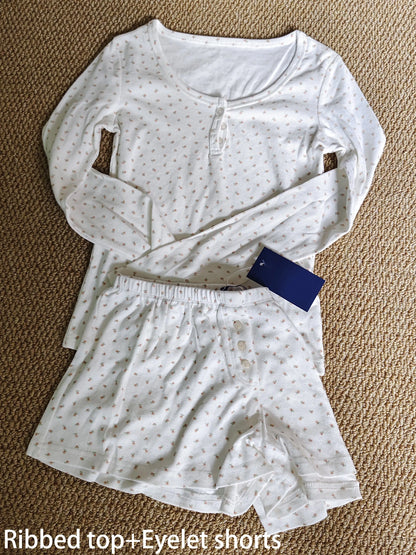 Eyelet Button Long Sleeve T-shirt & Shorts Set – Cotton Pajama