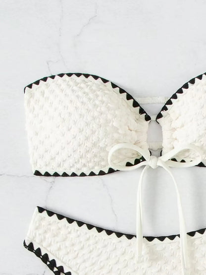 Strapless Patchwork Bikini Set – Lace-Up Detail
