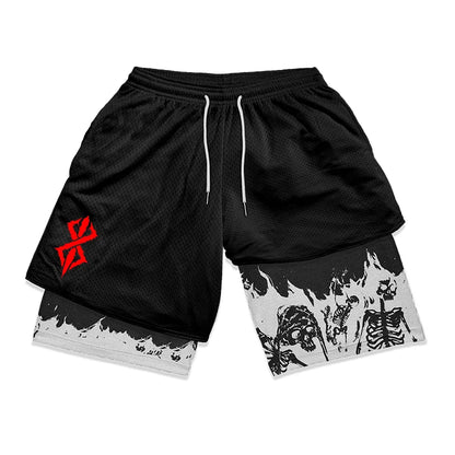Berserk Skull Print 2-in-1 Running Shorts – Stretch, Quick Dry with Pockets