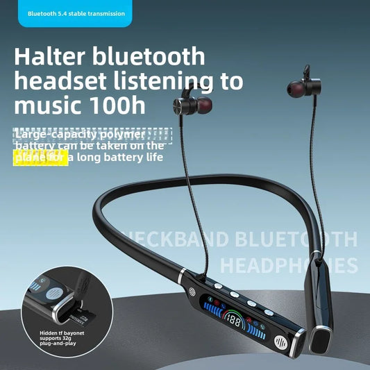 LCD Display Sports Neckband Bluetooth Headset com TF Card, Longa Duração de Bateria e Controle Inteligente
