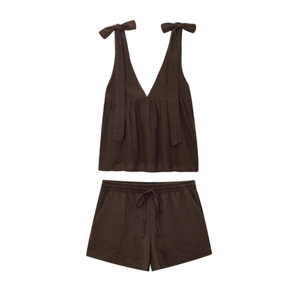 V-Neck Backless Sleeveless Top & Drawstring Slim Shorts Set – Chic Two Piece