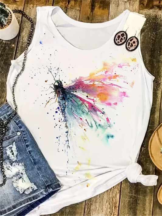 Dragonfly Print Loose Tank — Colorful Casual Tee