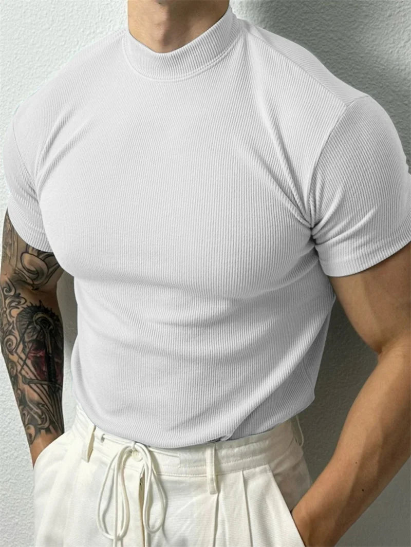 High Collar Stripe Fitness T-Shirt – Short Sleeve Sport & Leisure Top
