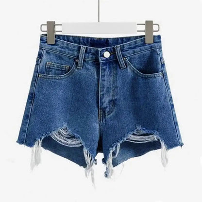Cowboy Denim Shorts — Korean High Waist Tassel & Ripped Y2K