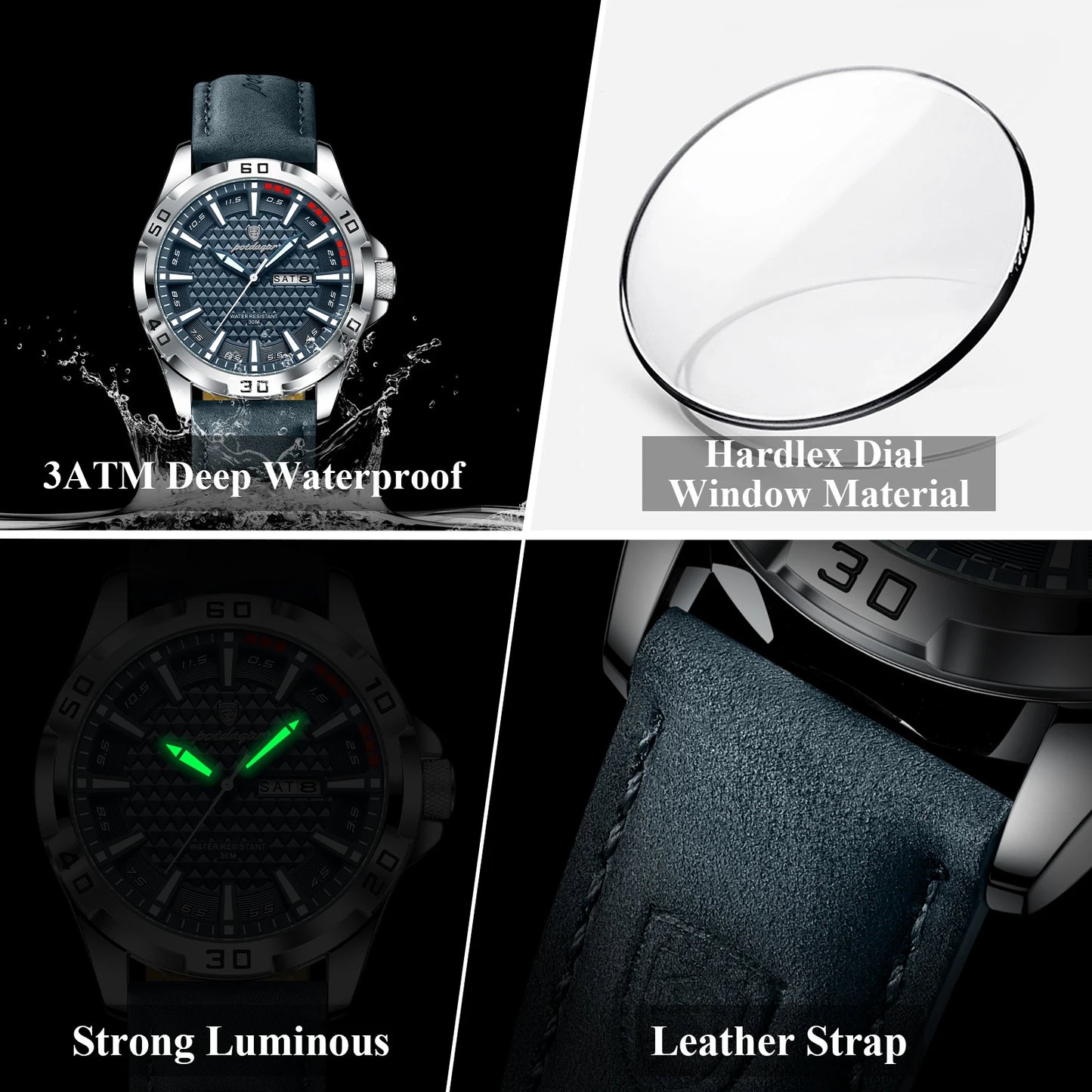 Luxury Quartz Watch – Waterproof, Luminous Dial, Date Display, Leather Strap