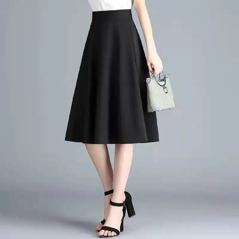 Solid Color Elastic A-Line Midi Skirt — Office Versatile