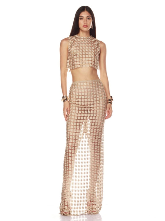 Champagne Hollow Crop Top & Skirt
