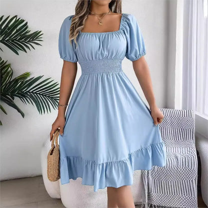 Casual Midi Dress — Square Neck, Short Sleeve, Waist Ruffle Edge