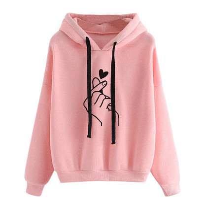 Solid Fleece Hoodie — Korean Finger Heart Print, Drawstring Pockets