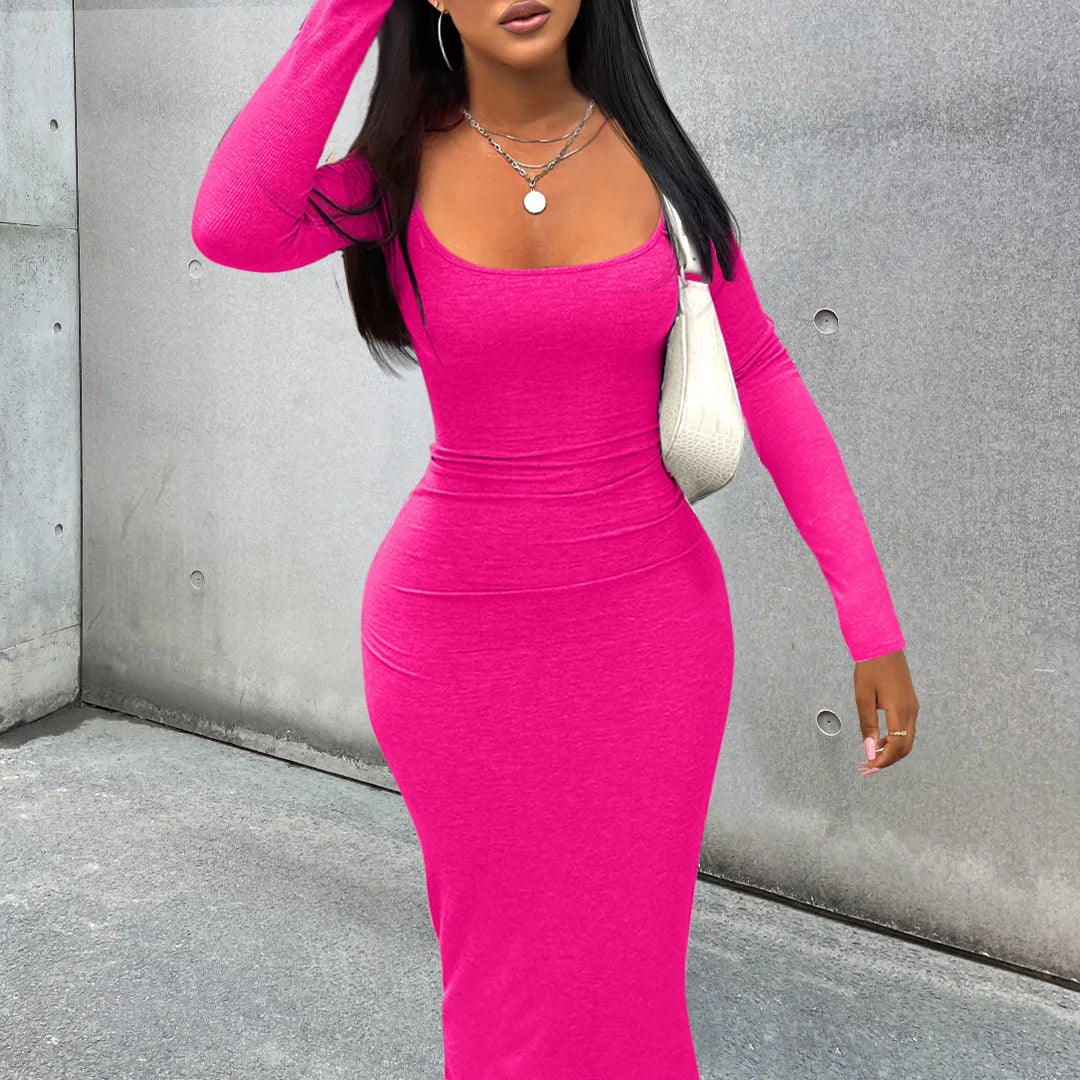 Casual Bodycon Mini Dress — U-Neck Ribbed, Buttoned Pocket Design