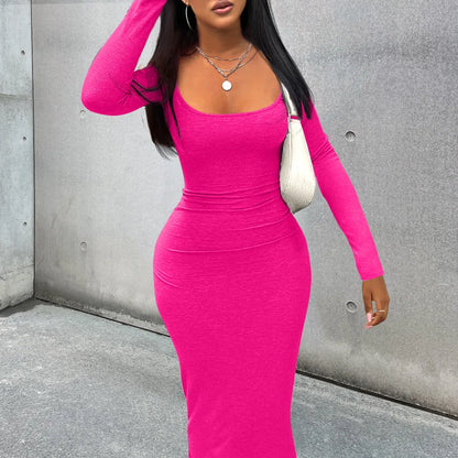 Casual Bodycon Mini Dress — U-Neck Ribbed, Buttoned Pocket Design