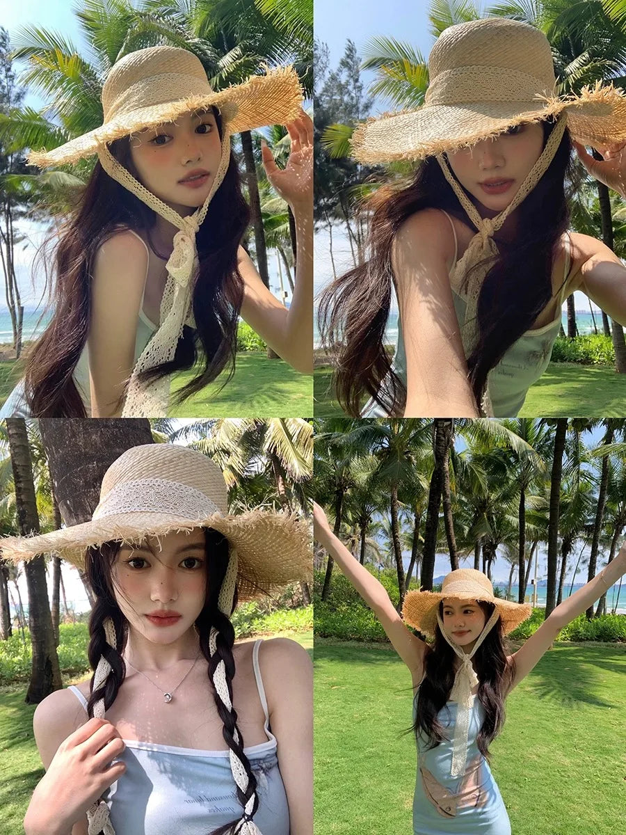 Natural Raffia Wide Brim Hat | Handwoven Straw – Travel & Beach Sun Protection