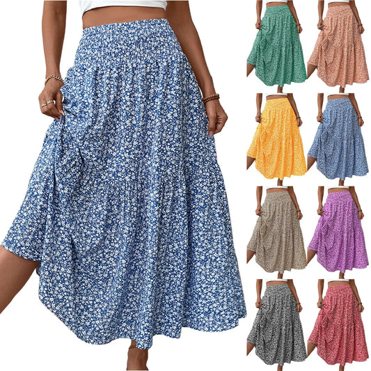 Pleated Floral Print A-Line Skirt — Elastic Waist Casual