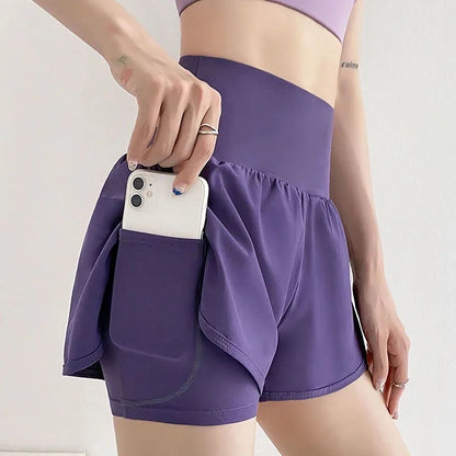 Fake Two-Piece Printed Pocket Shorts — Loose High Waist
