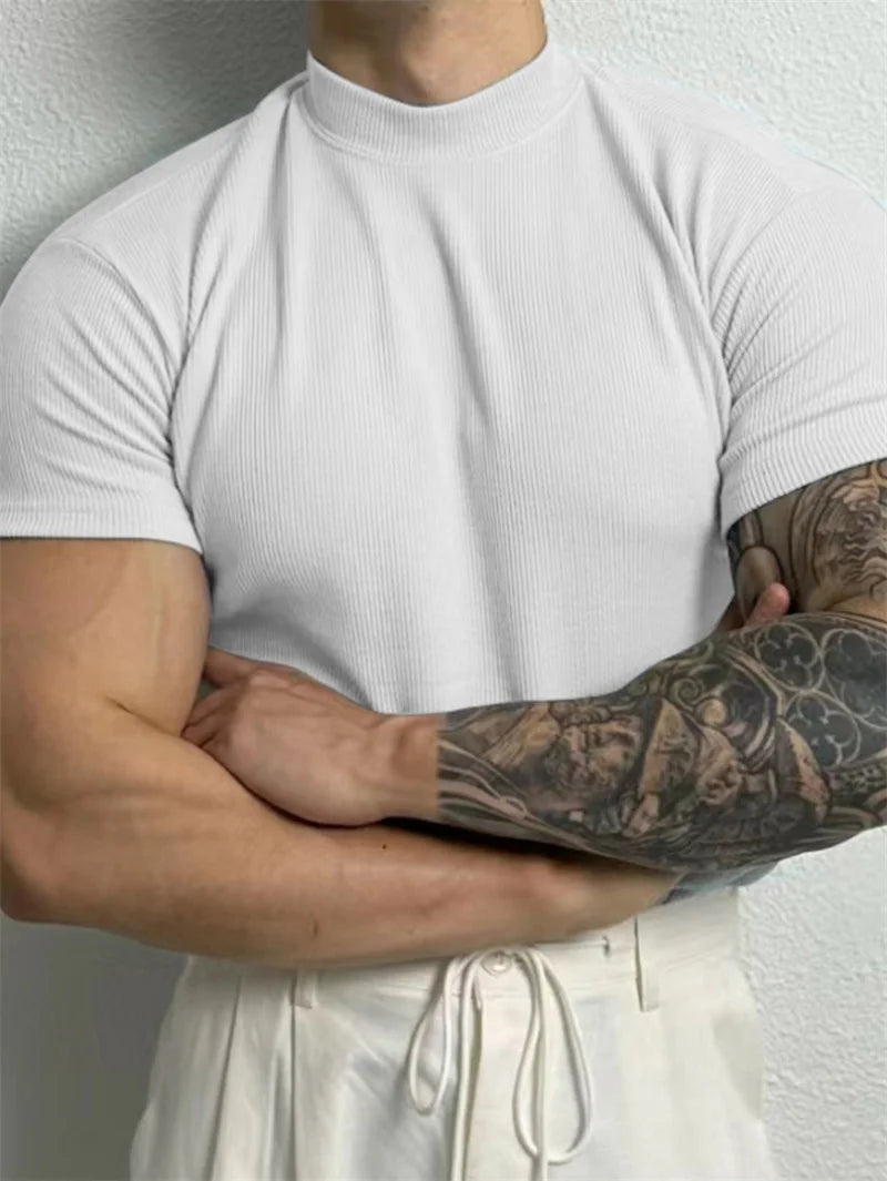 High Collar Stripe Fitness T-Shirt – Short Sleeve Sport & Leisure Top