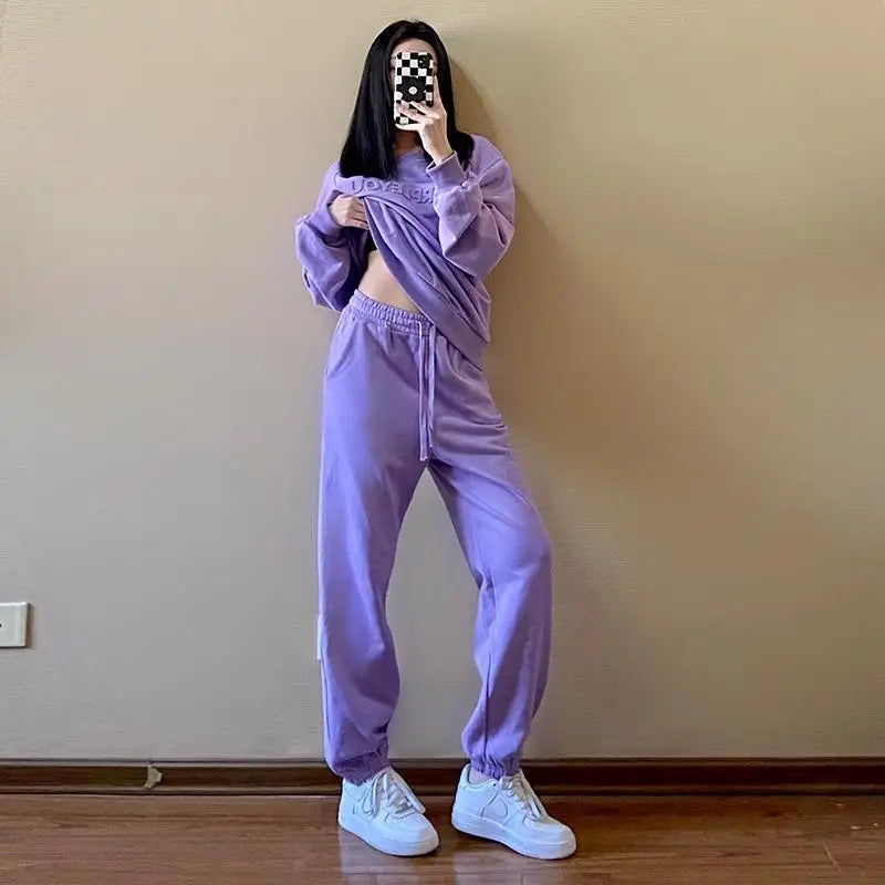 Purple Sports Suit – Loose Long Sleeve Sweater & Pants Set
