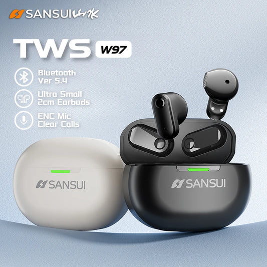 Sansui W97 True Wireless Earbuds Invisíveis Bluetooth 5.4 com Cancelamento de Ruído e Microfone para Atividades Esportivas