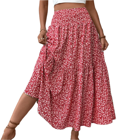 Pleated Floral Print A-Line Skirt — Elastic Waist Casual