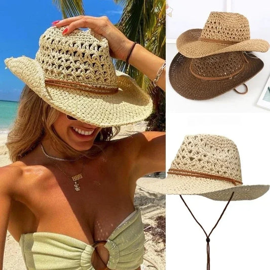 Western Straw Cowboy Hat | Ethnic Style Travel Sun Hat – UV Protection