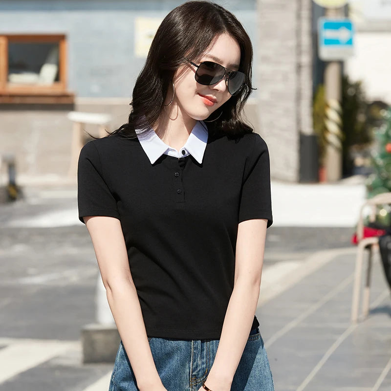 Slim Fit Polo T-shirt — Solid Color Short Style Top