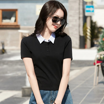 Slim Fit Polo T-shirt — Solid Color Short Style Top